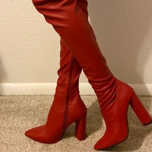 SOLD. Red “leather” thigh-high/over-the-knee boots